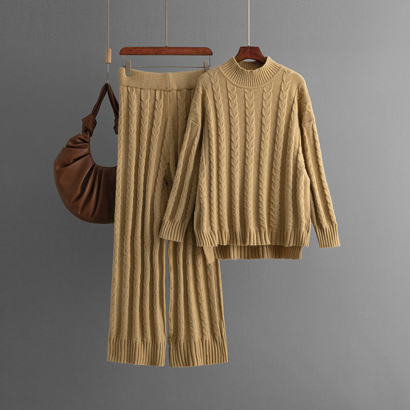 Solid Fried Dough Twists Knit Sweater + Pants Set