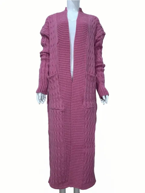 Pre Order:  Ribbed Collar Cableknit Long Cardigan