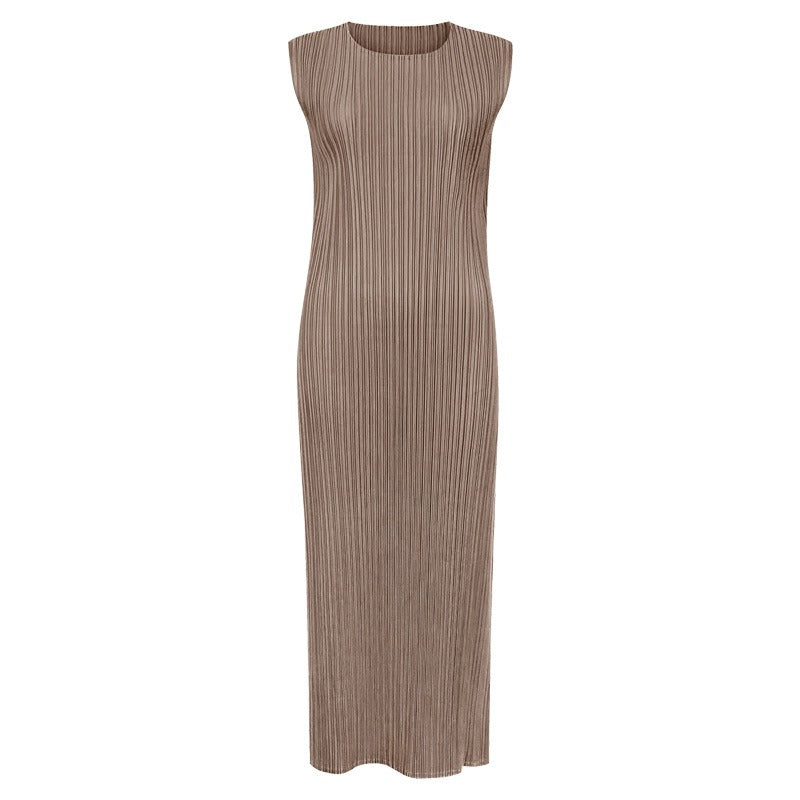 Pre Order:  Solid Pleated Sleeveless Midi Dress