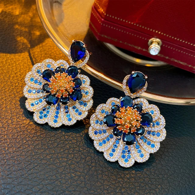 Pre Order:  Blue Drop Flower Pendant Rhinestone Earrings