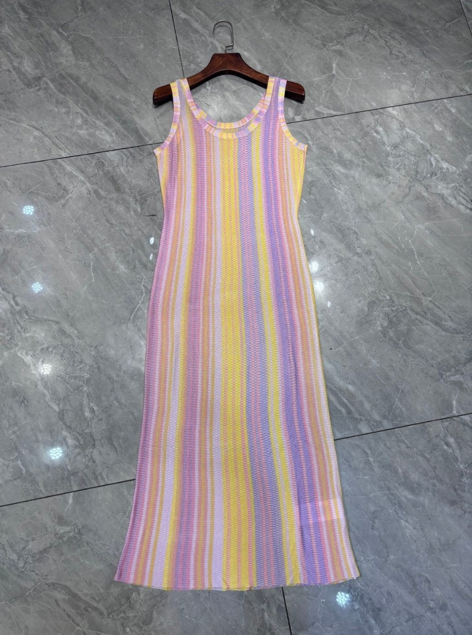 Pre Order: Colorful Striped Sleeveless Elastic Knitted Midi Dress