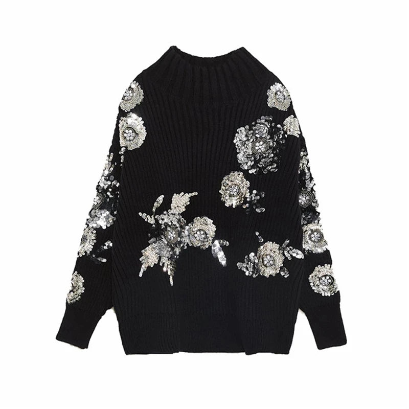 Pre Order:  Sequined Flower Knitted Long Sleeved Sweater