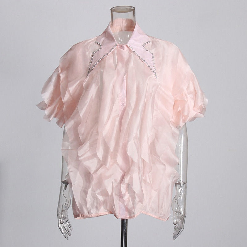 Pre Order:  Layered Ruffle Diamond Lapel Short Sleeve Shirt