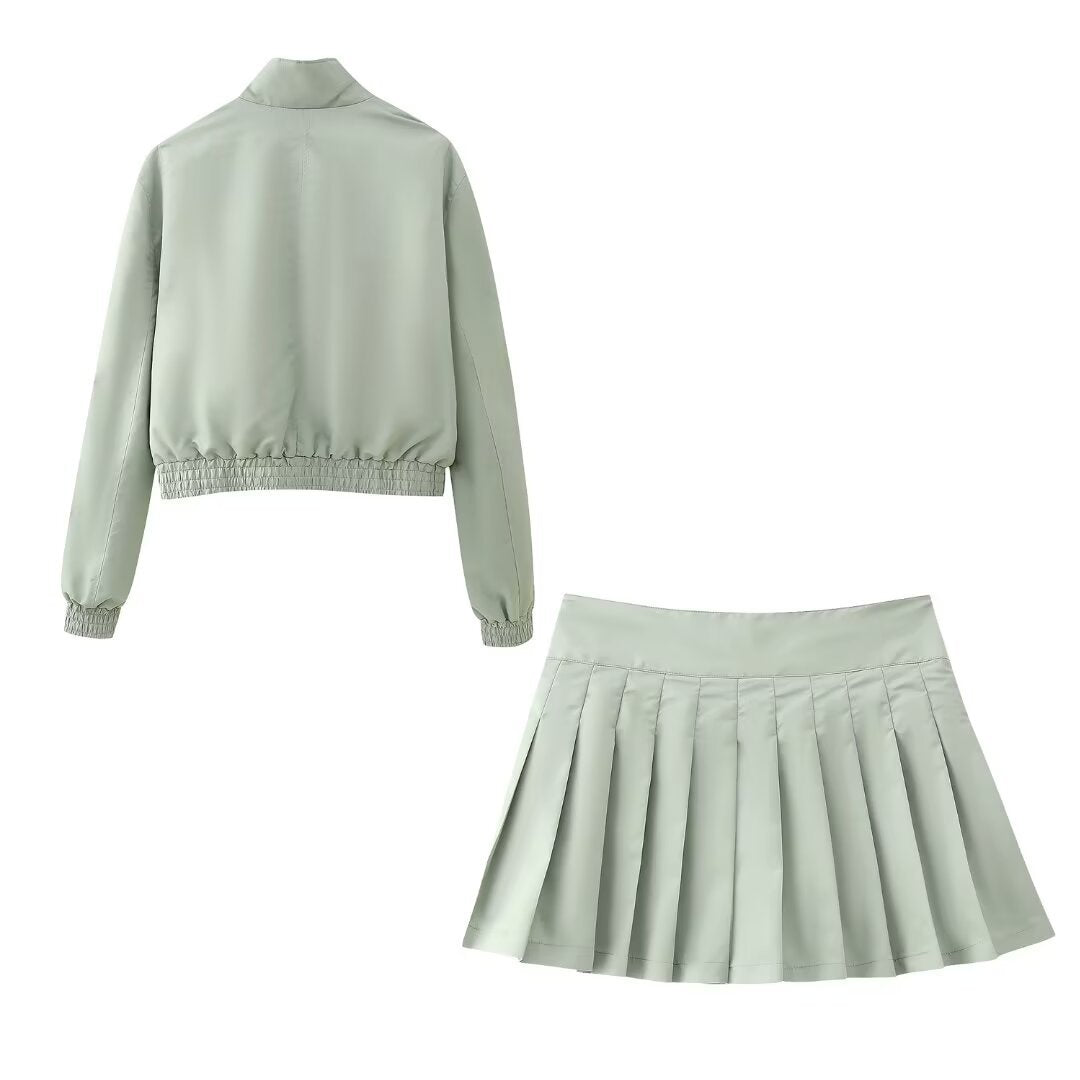 Pre Order: Solid Zipper Jacket + Skirt Set