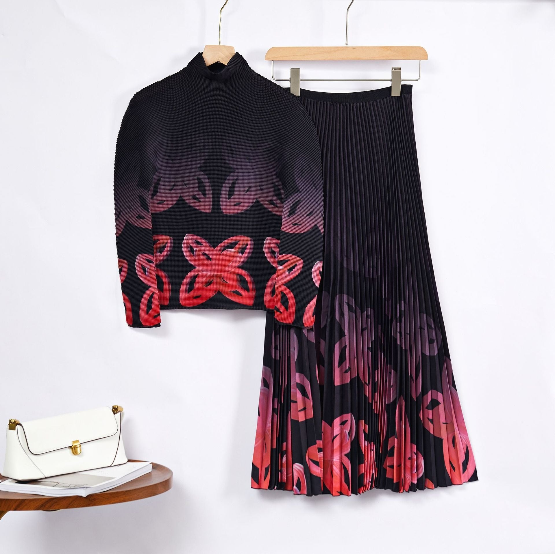 Pre Order:  Contrast Floral Pleated Top+Skirt Set