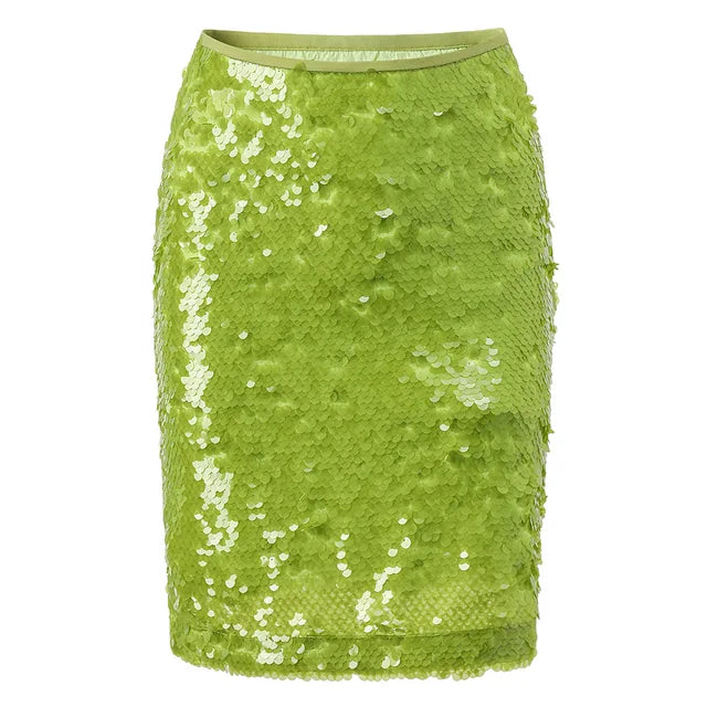 Green Sequin Wrapped Hip Slim Fit Skirt