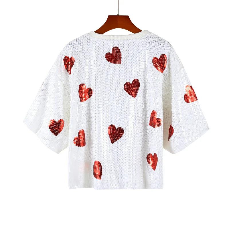 White Hearts Sequined Round Neck Top