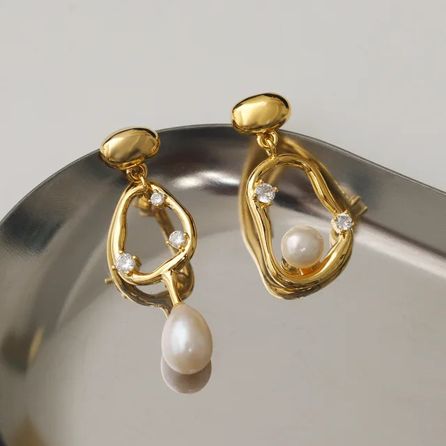 Pre Order:  Retro Asymmetrical Pearl Zircon Earrings