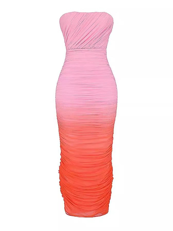 Mesh Gradient Strapless Mid Length Dress