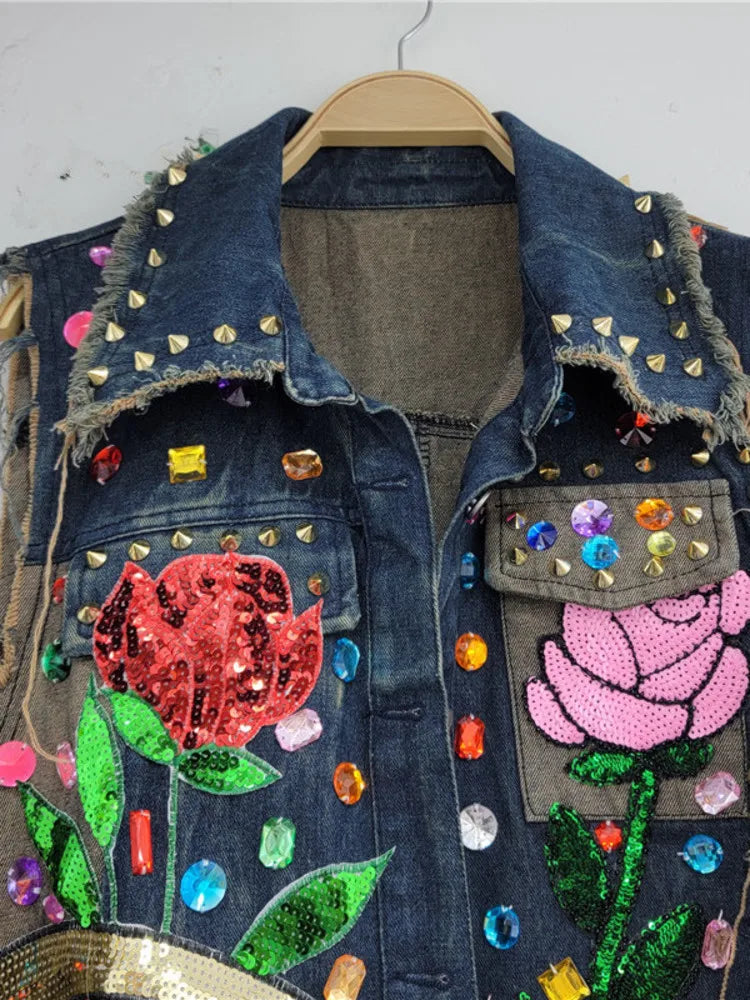 Vintage Flower Sequin Diamond Loose Denim Vest