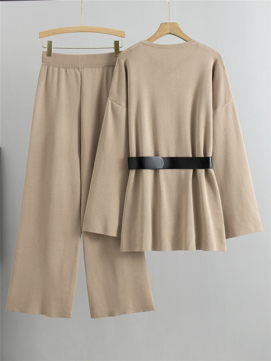 Pre Order: Knitted Loose Belted Sweater + Wide Leg Pants Set