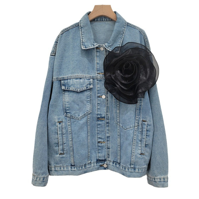 Pre Order:  Spliced 3D Flower Long Sleeve Blue Denim Jacket