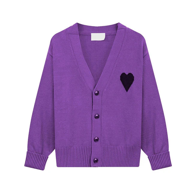 Pre Order: Heart Embroidery Loose Fit Cotton Knitted Cardigan