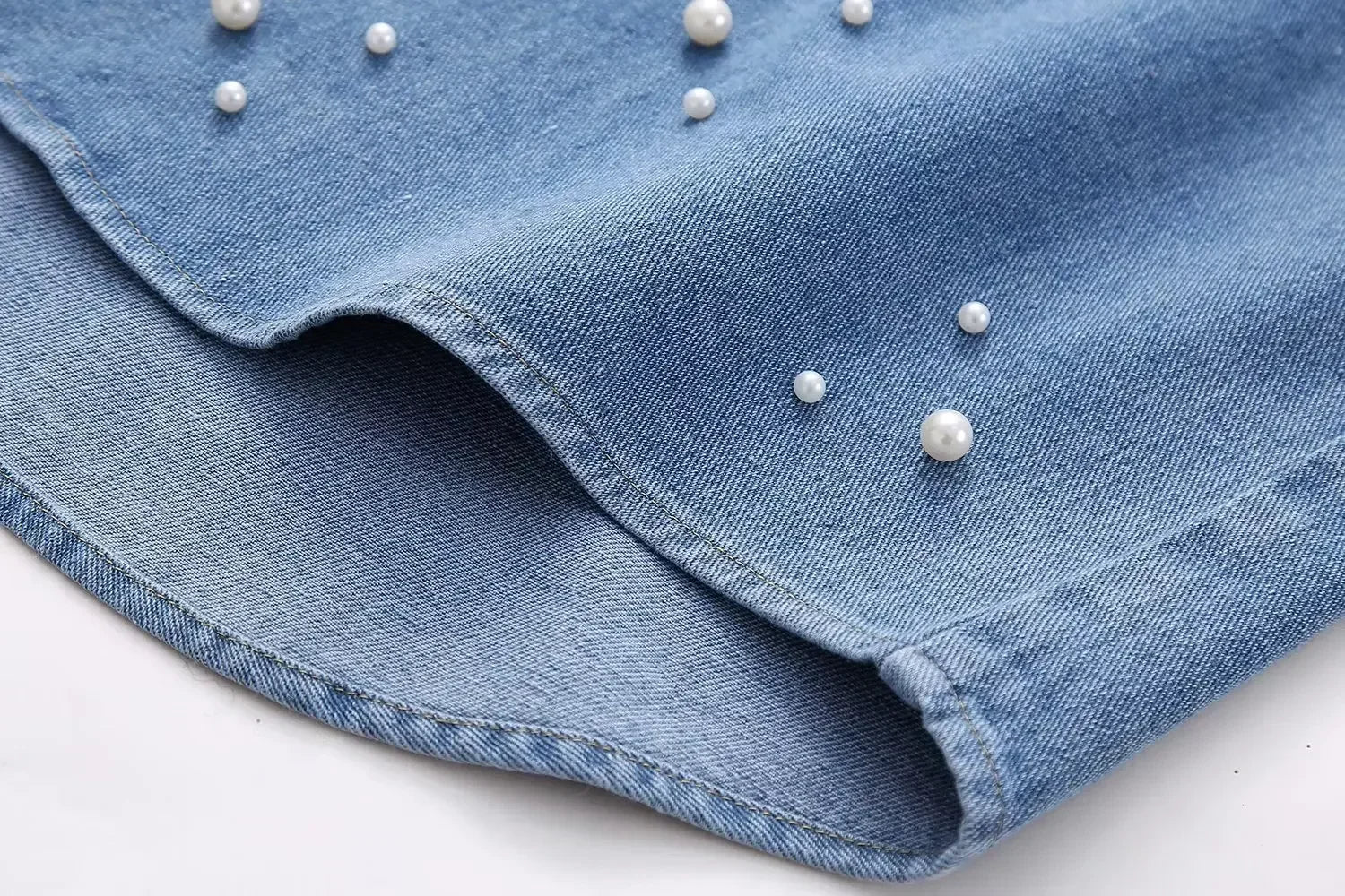 Faux Pearls Beaded Denim Shirt