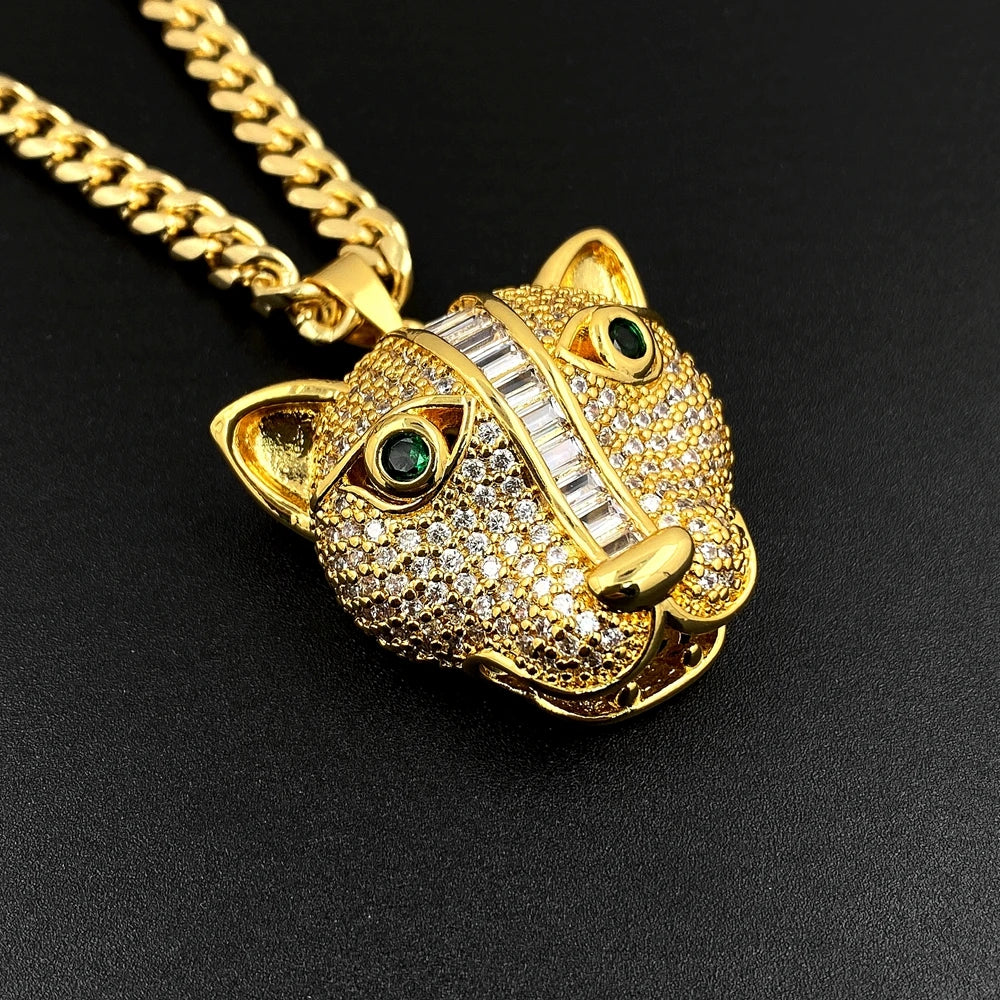 Cubic Zircon Leopard Head Pendant Cuban Chain Necklace