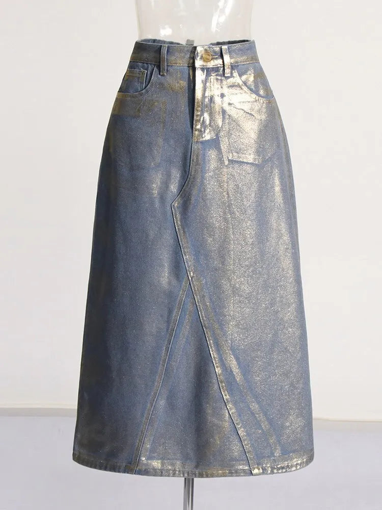 Pre Order:  Patchwork Mid Rise A-Line Denim Skirt