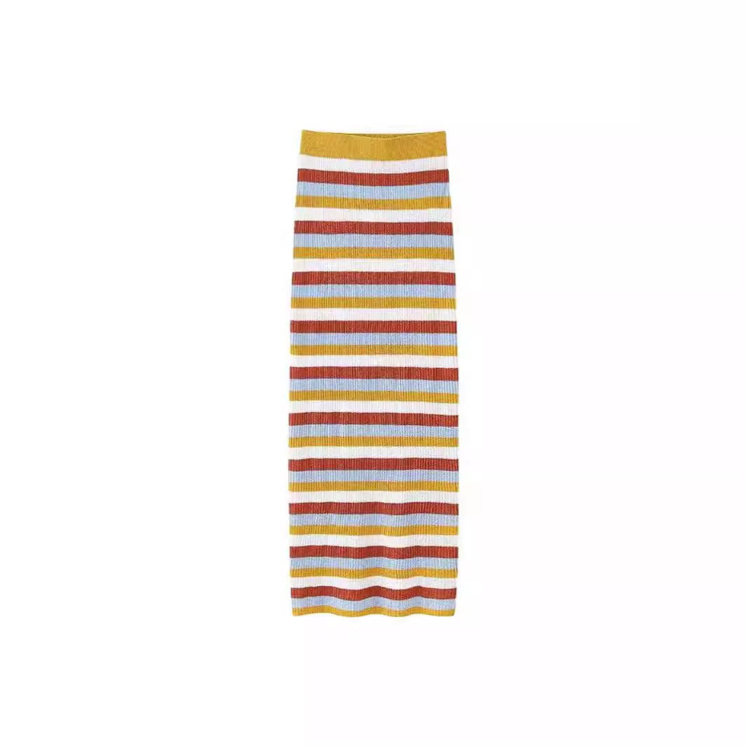 Pre Order:  Sleeveless Striped Knitted Vest + Slim Long Skirt