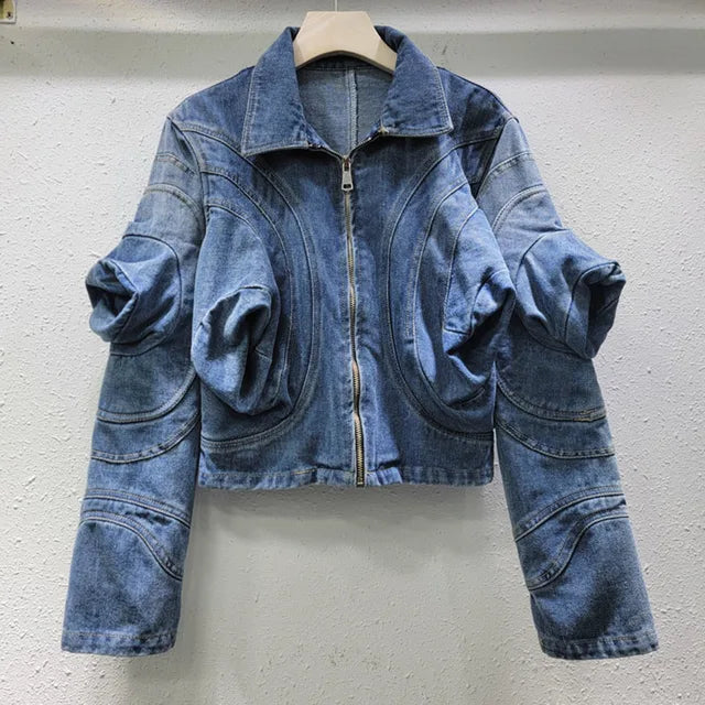 Pre Order:  Casual Puff Sleeve Zip Denim Jacket