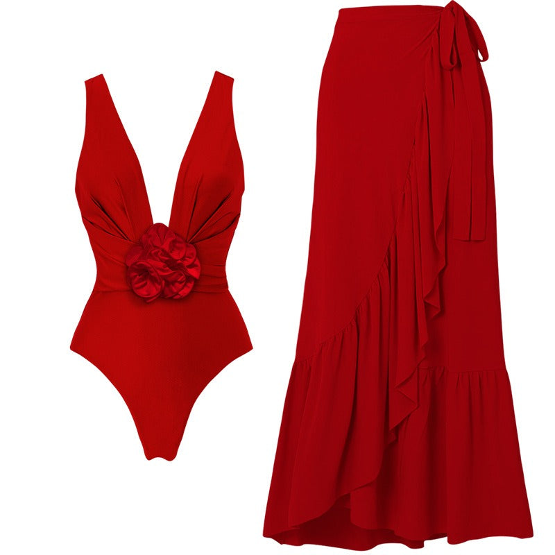 3D Flower Scarlet One-Piece Swimsuit + Skirt Set