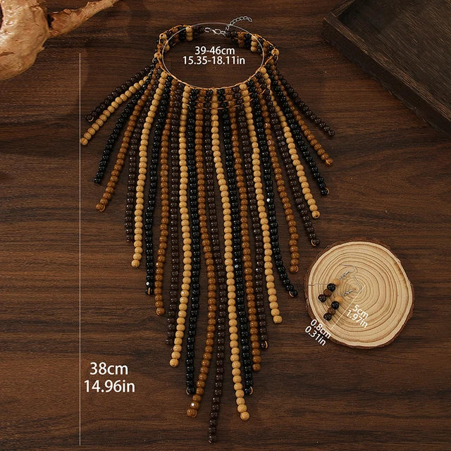 Pre Order:  Bohemian Wood Bead Multi-Layer Tassel Necklace + Earrings Set