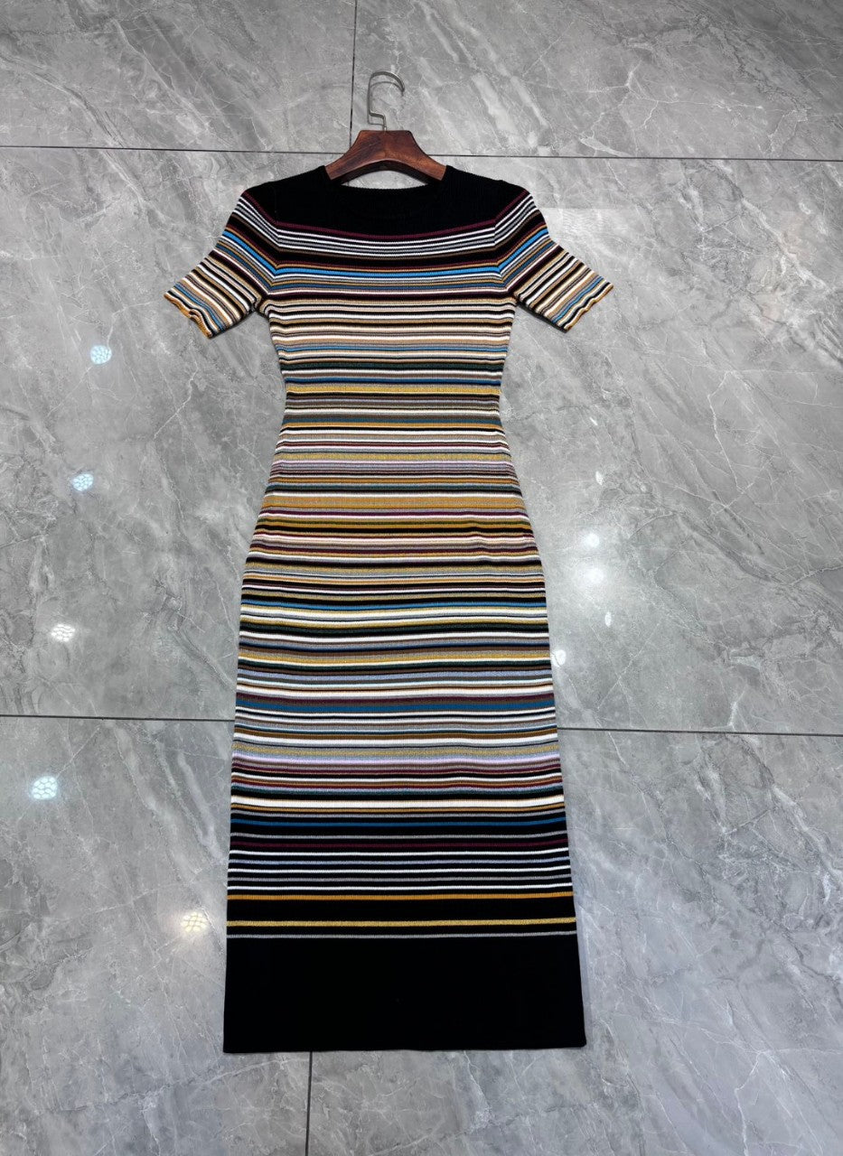 Pre Order:  Color Stripes Round Neck Short Sleeved Knitted Dress