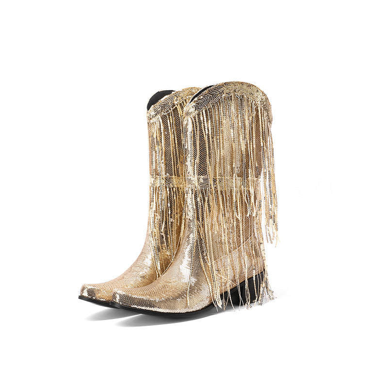 Pre Order:  Curved Toe Sequin Tassel Mid-Calf Cowboy Boots