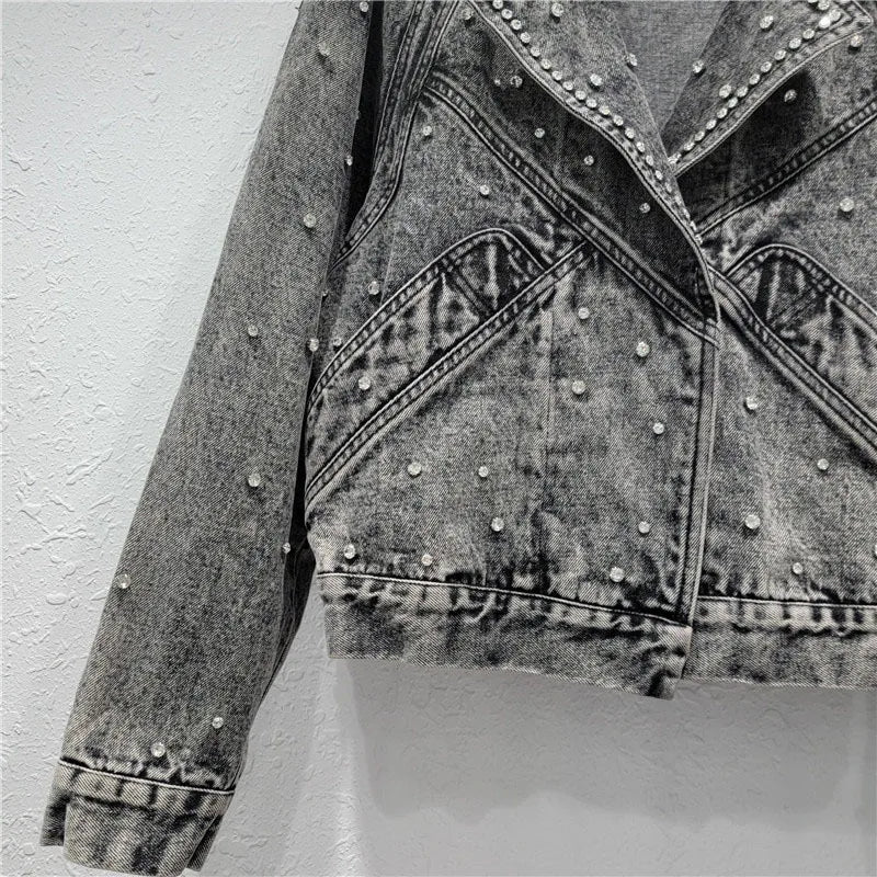 Pre Order:  Nail Bead Inlaid Diamond Denim Jacket