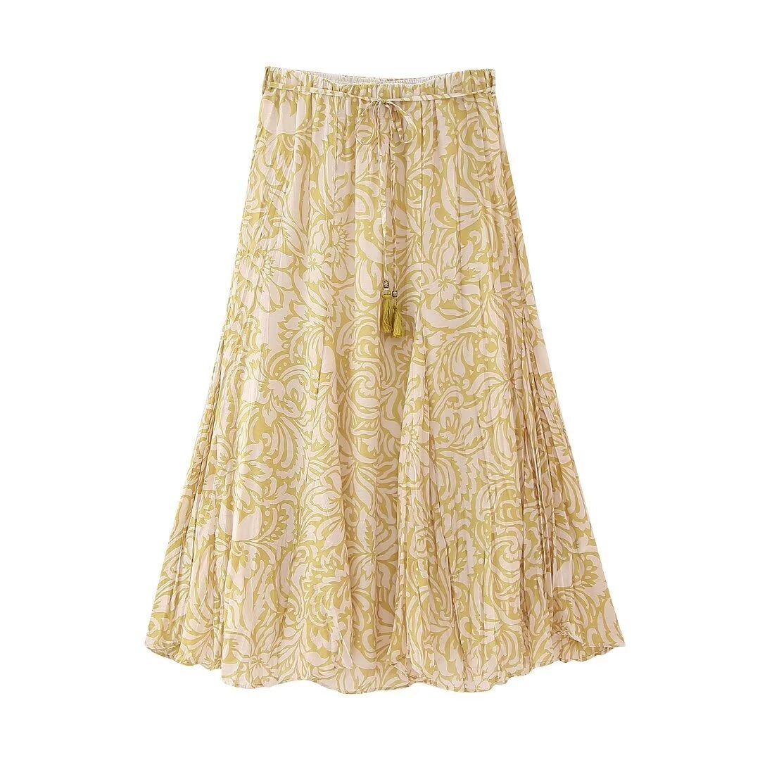 Pre Order:  High Waist Lace Up A-Line Printed Midi Skirt