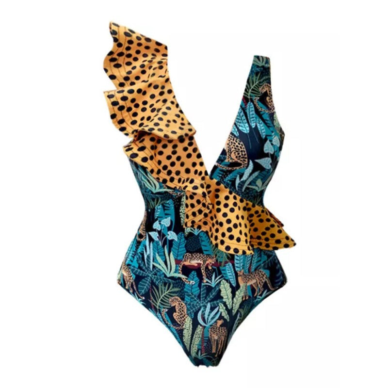 Nuevo traje de baño sexy de una pieza Bikini femenino Estampado de leopardo Hojas Impreso Traje de baño con volantes