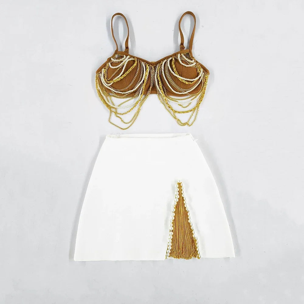 Pre Order:  Pearl Chain Top + Mini Bandage Tassel Skirt