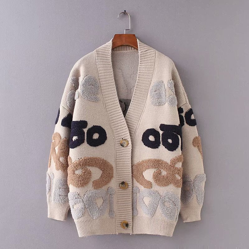 Jacquard Knitted V-Neck Loose Cardigan