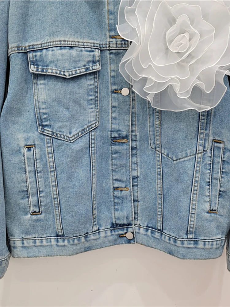 Pre Order:  Spliced 3D Flower Long Sleeve Blue Denim Jacket