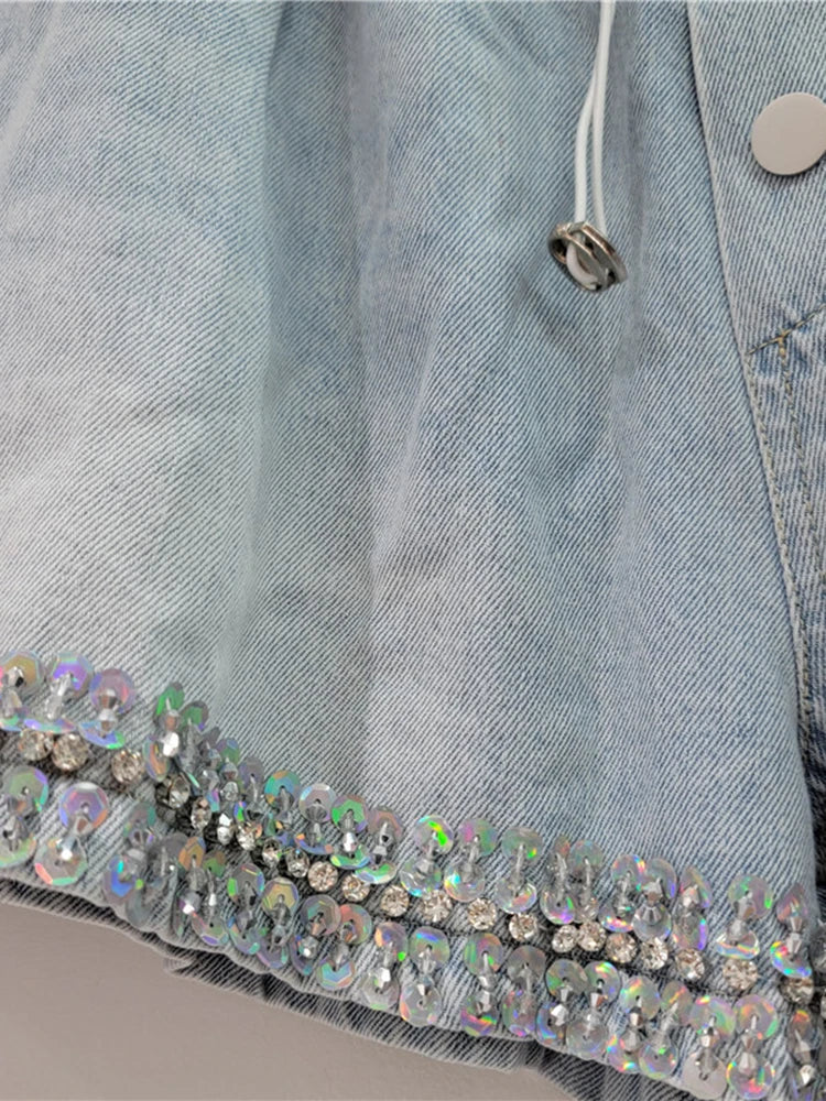 Pre Order:  Handmade Diamond Bead Panel Denim Wide Leg Shorts