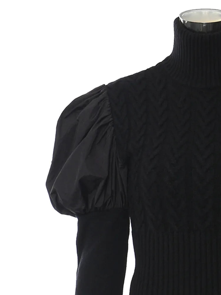 Pre Order:  Spliced Bubble Sleeve Turtleneck Slim Knitted Top