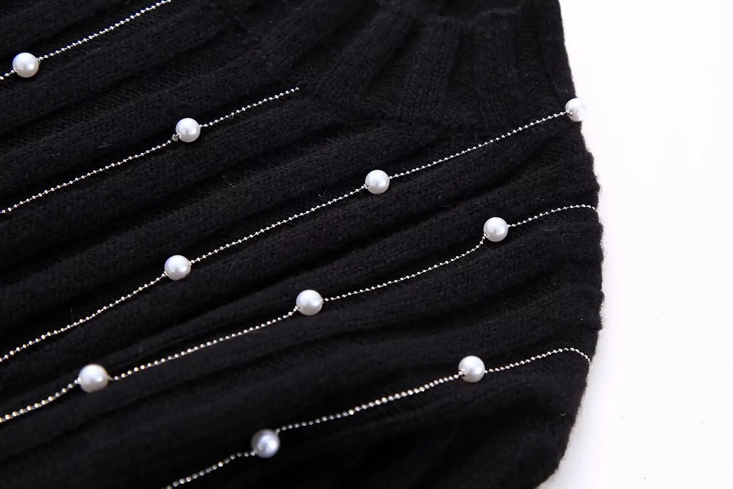 Pre Order:  Knitted Black Faux-Pearls Tassels Sweater