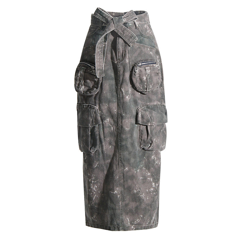 Pre Order: Camouflage Tie Waist Pocket Hip Hugging Denim Skirt