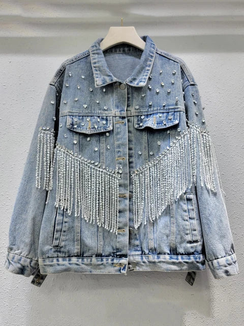 Pre Order:  Tassel Diamond Inlaid Short Denim Jacket