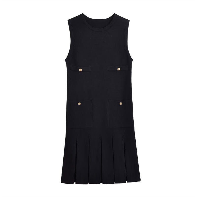 Pre Order: Knit Wide Pleated Button Mini Dress