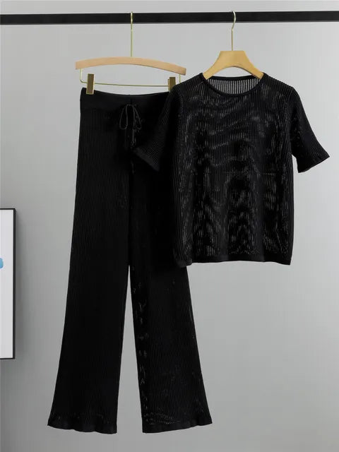 Pre Order: Semi Transparent Loose Knit T-Shirt + Wide Leg Pants Set