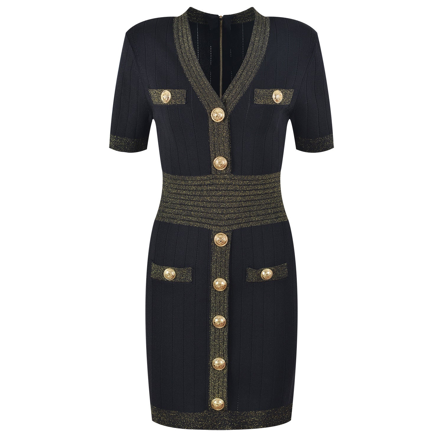 Pre Order:  Gold Buckle V-Neck Hip Hugging Knitted Dress