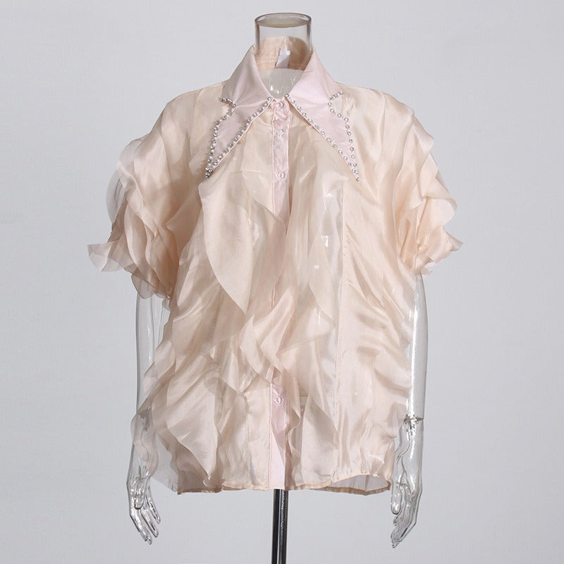 Pre Order:  Layered Ruffle Diamond Lapel Short Sleeve Shirt