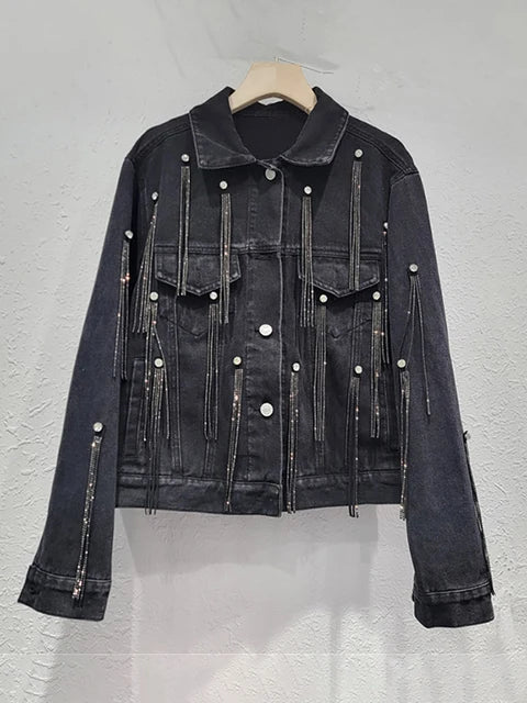 Pre Order:  Diamond Tassel Long Sleeve Black Denim Jacket