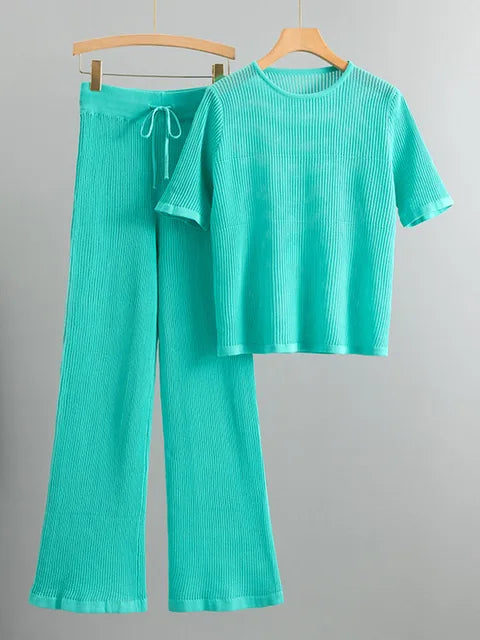 Pre Order: Semi Transparent Loose Knit T-Shirt + Wide Leg Pants Set