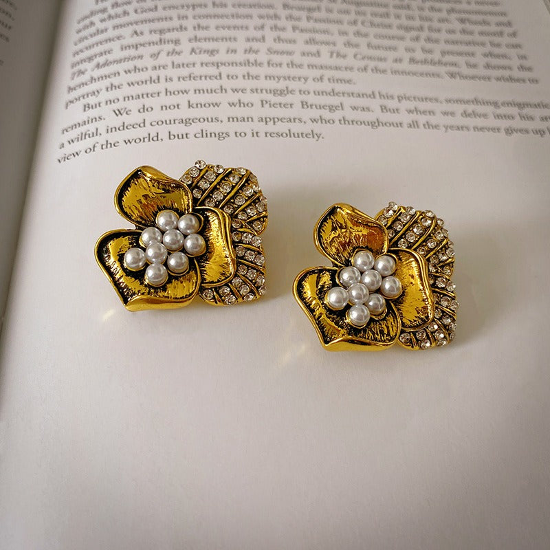 Diamond Studded Pearl Flower Clip Earrings