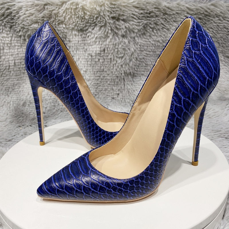 Pre Order:  Navy Crocodile Pattern Pointed-Toe Pumps Shoes