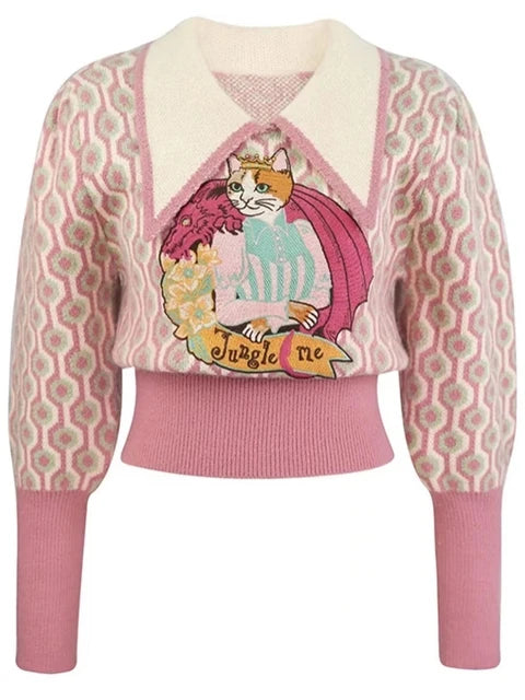 Pre Order:  Vintage Cat Jacquard Embroidery Knitted Casual Sweater