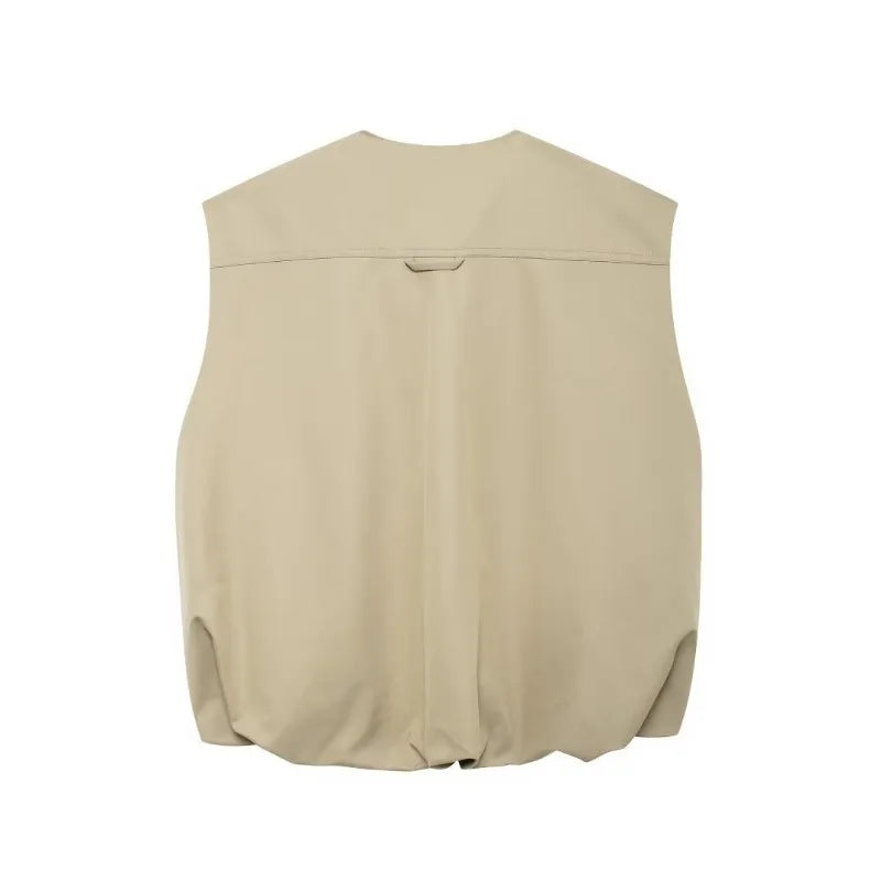 Pre Order:  Beige Zip Up Cargo Vest + Skirt Set