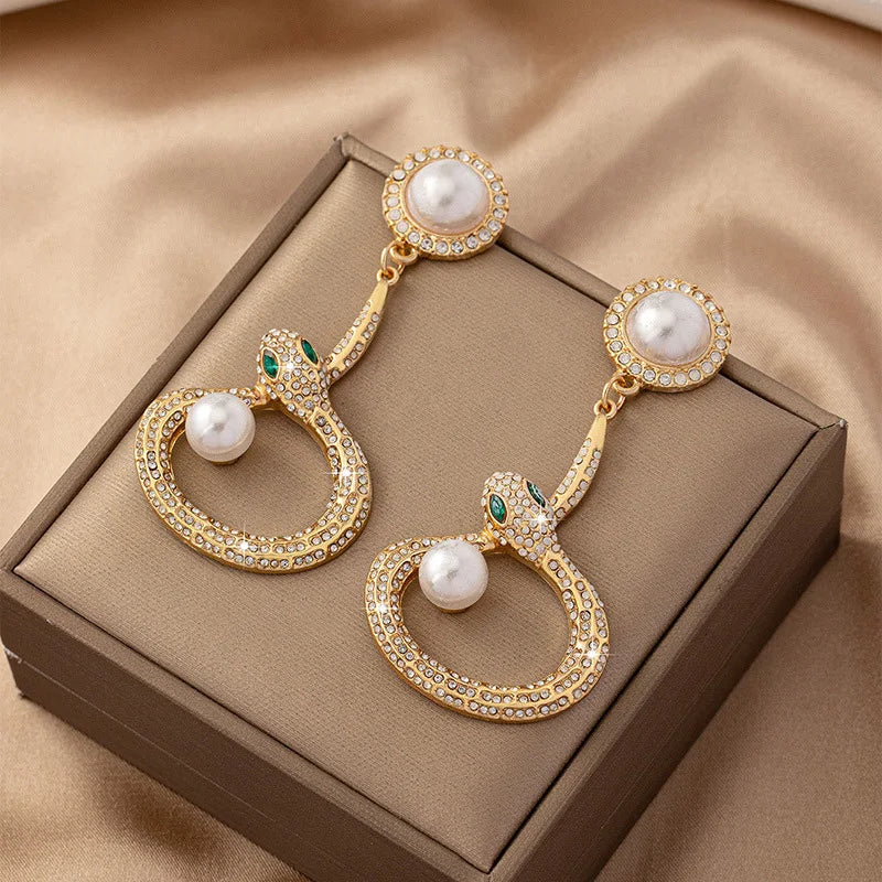 Pre Order:  Snake Shaped Pearl Diamond Inlaid Earrings