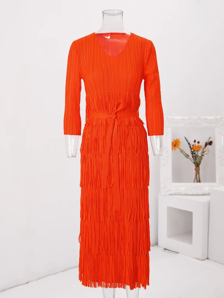 Pre Order:  Solid Pleated Fringe Dress