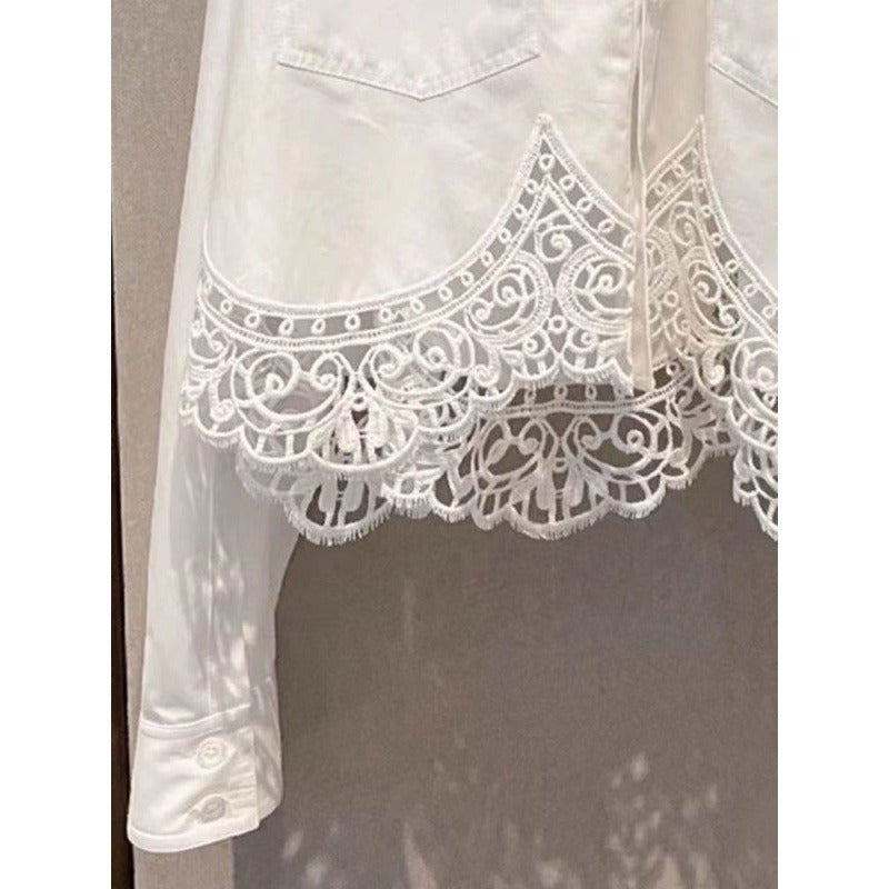 Pre Order: Lace Patchwork Long Sleeved White Shirt